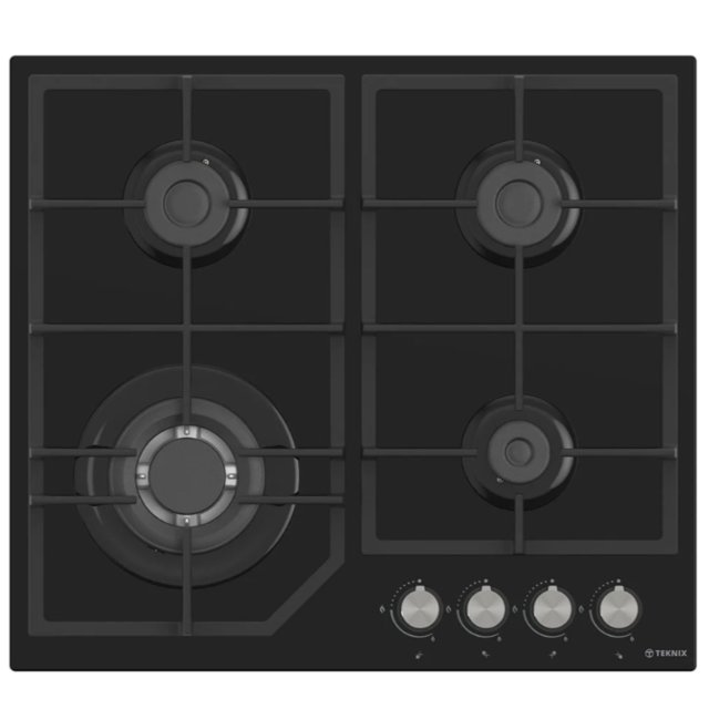 Teknix BITK260GHB 4 Burner 60cm Gas Hob, FFD Front Controls, Cast Iron Pan Supports, 3.4Kw Wok Burne