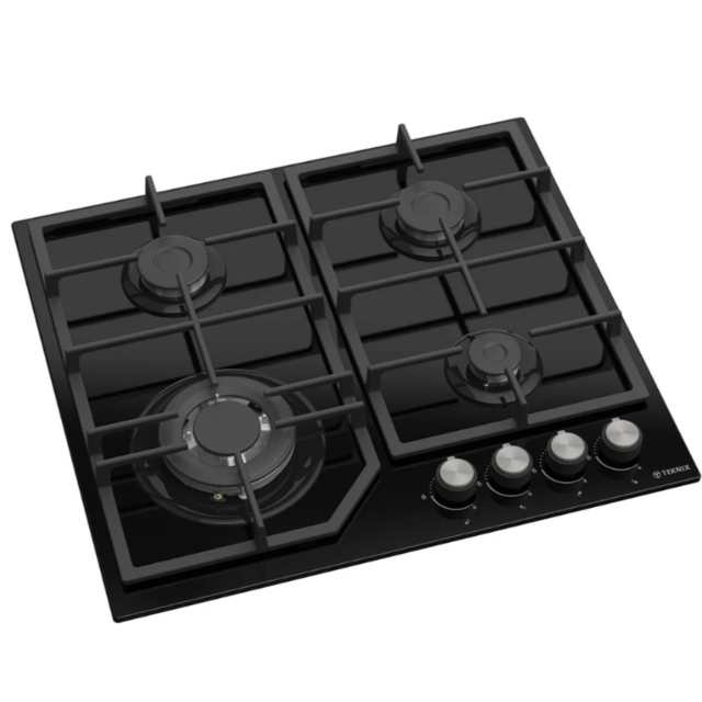 Teknix BITK260GHB 4 Burner 60cm Gas Hob, FFD Front Controls, Cast Iron Pan Supports, 3.4Kw Wok Burne
