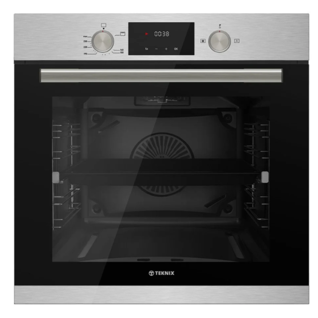 Teknix BITK264GSX Single Fanned Gas, 69 litre capacity, Clock, 2 Shelf/1 Tray, Soft Close Door, Tele