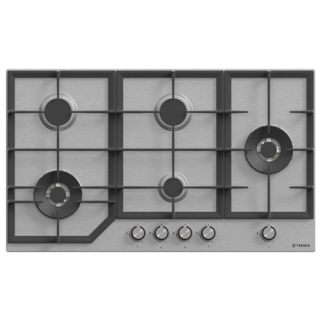 Teknix BITK290GH5X 5 Burner 90cm Gas Hob, FFD Front Controls, Cast Iron Pan Supports, 2 X 4.2Kw Side